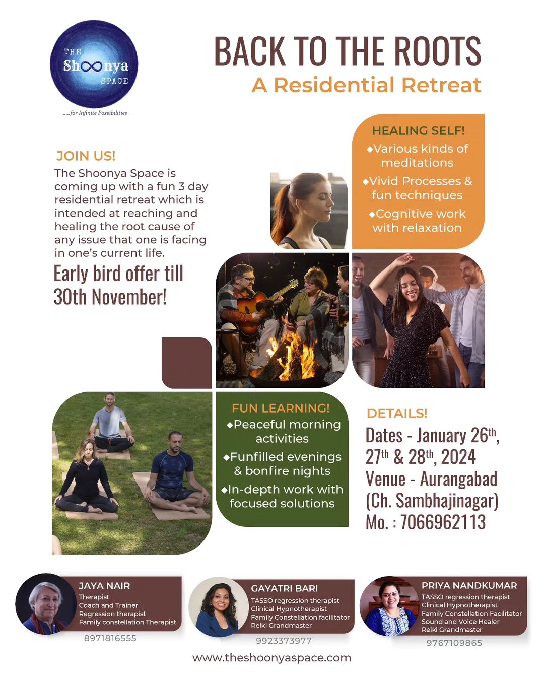 Back to the Roots retreat, Pune retreat, personal growth retreat, self-discovery retreat, healing retreat, yoga retreat, meditation retreat, mindfulness retreat, spirituality retreat, alternative healing, break free from patterns, inner peace
